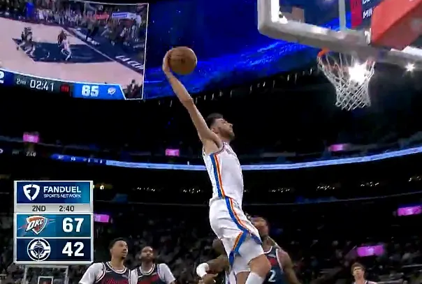 开云体育下载-狂轰乱炸！霍姆格伦单臂滑翔劈扣，雷霆轰12-0领先快船25分